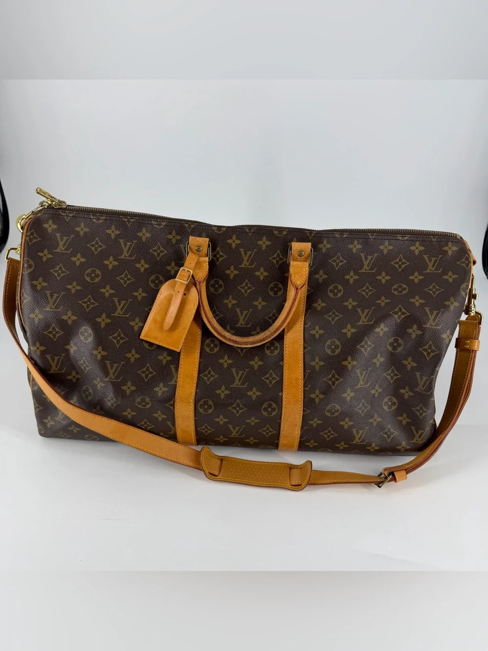 Louis Vuitton Brown Monogram Duffel with Tan Leather Accents